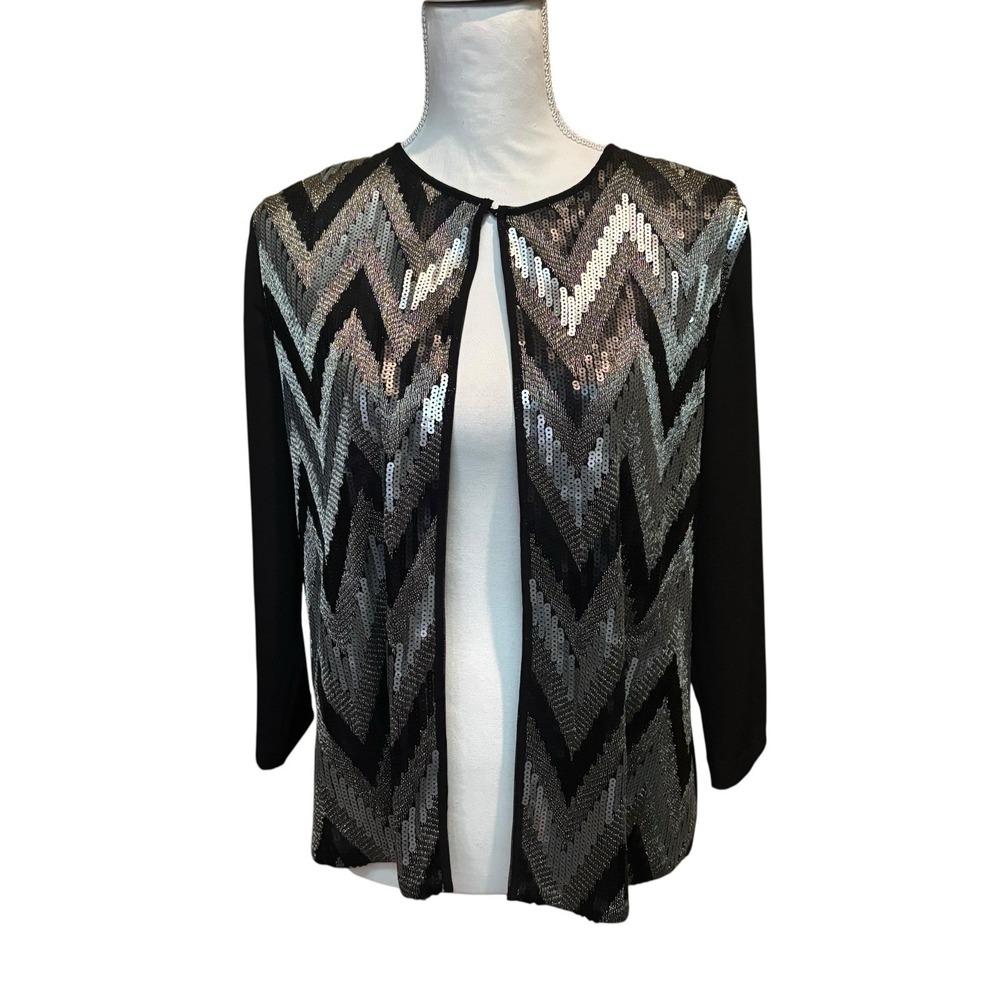 Travelers by Chico's Black Knit Sweater Women's Size‎ 1 Silver Metallic Sequins